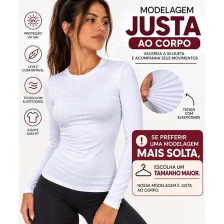 Blusa Básica Feminina Moda Praia Uv 50+ Manga Longa Proteção Branco Liso P