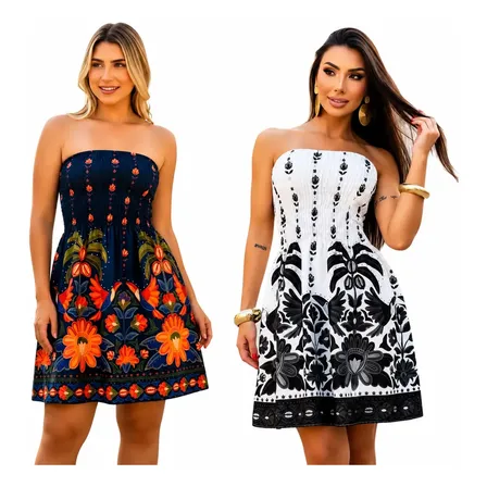 Kit 2 Vestido Curto Tomara Que Caia Feminino Verão Floral Azul Florido M