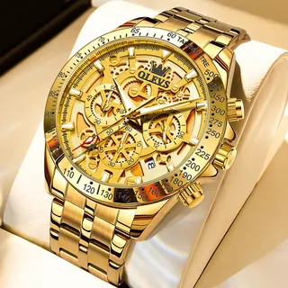Relógio Masculino Olevs 9913 Quartzo Dourado Aço De Luxo