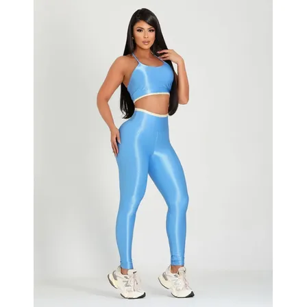 Conjunto Fitness Canelado Esportivo Academia Alta Compressão Azul-claro Liso M
