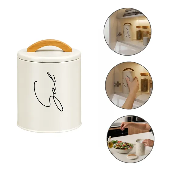 Saleiro De Mesa Bancada Hermético De Metal Alça Bambu 1kg