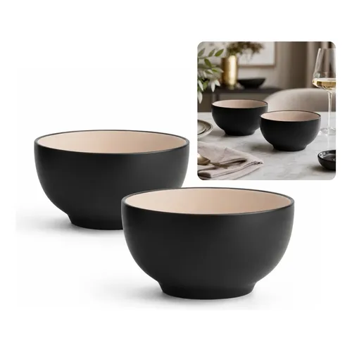 Kit 2 Tigelas Bowl Ceramica P/ Forno Servir Sopa Salada Poke Preto