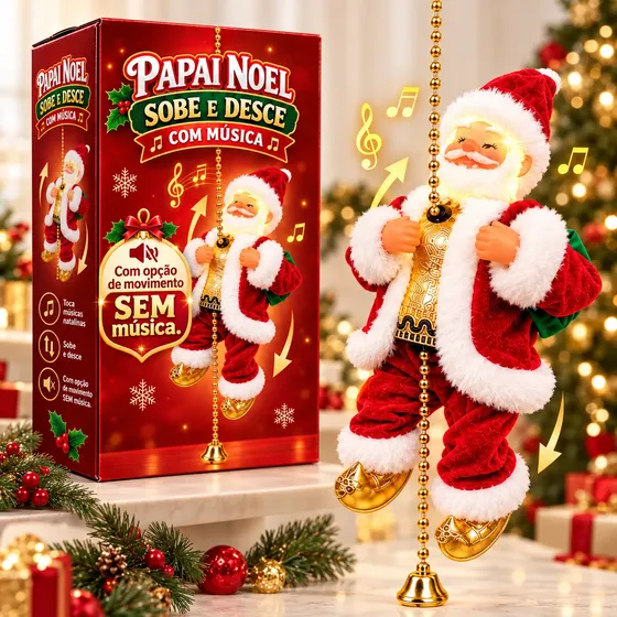 Papai Noel Sobe E Desce Corda Musical Canta Decoração Natal