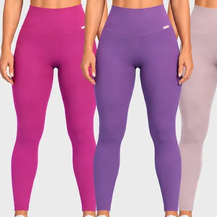 Kit 3 Calças Legging Lisa Feminina Cintura Alta Fitness Rosa / Violeta / Bege Liso G