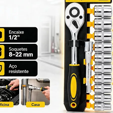 Jogo Sextavado Soquete 1/2 Com Catraca 12 Pcs E Extensão Amarelo