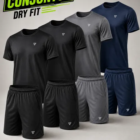 Kit 4 Camiseta Dry Fit + Short Academia Conjunto Masculino 2 Pretos Azul Marinho E Cinza G