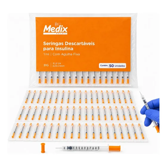 Seringa Insulina 1ml Ag Fina 6x0,25mm 31g - Kit 50un Medix