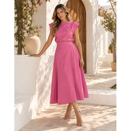 Conjunto Feminino Blusa Saia Alfaiataria Midi Elegante Festa Rosa Liso Gg