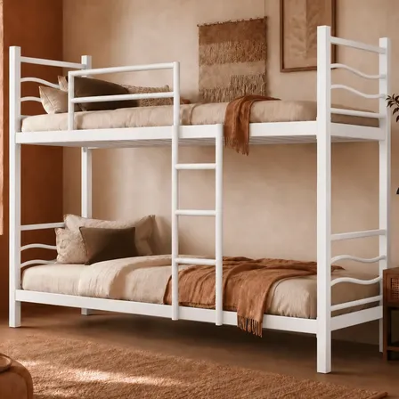 Cama Beliche De Aço Reforçada Solteiro Com Escada E Grades Branco Ondulada