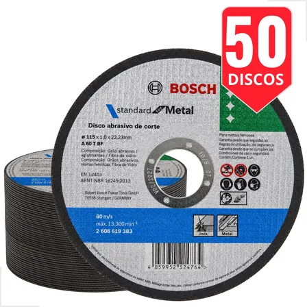 Kit 50 - Disco De Corte Bosch 4.1/2 115mm Aço Inox Metal Azul