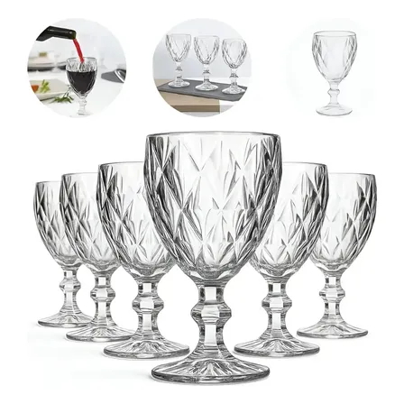 Kit 6un Taça Diamante Lapidada 340ml Para Vinho E Drink Transparente