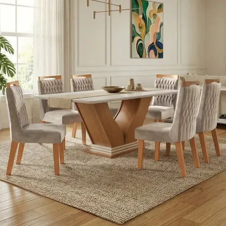Sala De Jantar 6 Cadeiras Estofadas Atena E Mesa Cinamomo/off White