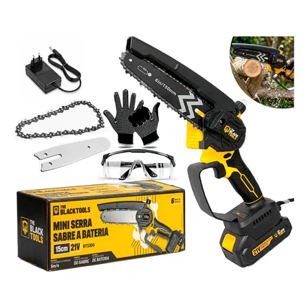 Kit Mini Motosserra Elétrica Portátil 6pol 21v Profissional Preto 127/220v 50/60hz