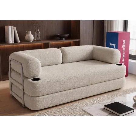 Sofá Cama Orbe. 1,90m Xpand Tech Tecido Boucle Cama Inbox Bege Liso