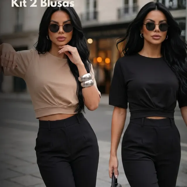 Kit 2 Blusas Cropped Feminina Manga Curta Stillger Atemporal Preto/nude Lisa G(40/42)