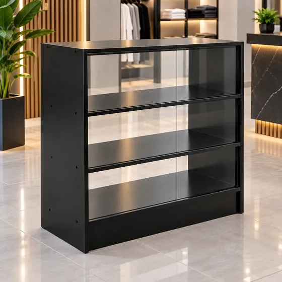 Balcão De Atendimento Moderno Vitrine Preto Mdf Vidro Frente