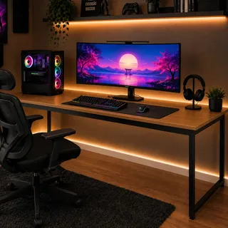 Mesa Gamer Para Setup E Escritório Pés Aço Industrial 150cm Madeira
