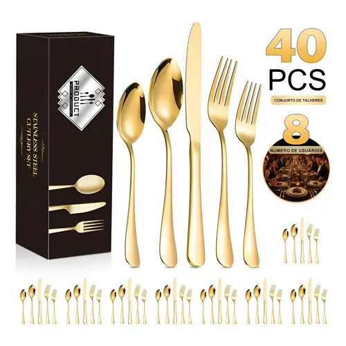 Jogo 40 Peças Conjunto Talheres Inox Faqueiro Dourado Ouro