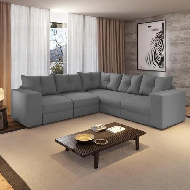 Sofa De Canto 5 Lugares Suede Qatar Estofados - Cinza Cinza Capitonê