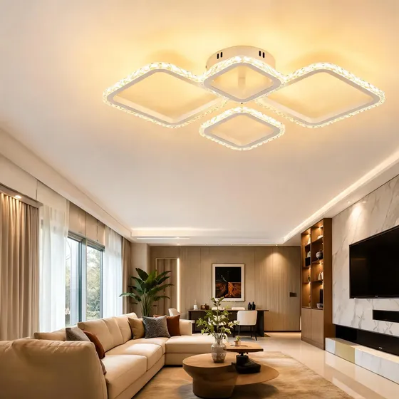Lustre Sala Led 4 Quadros Cristal Moderno 3cores Bivolt
