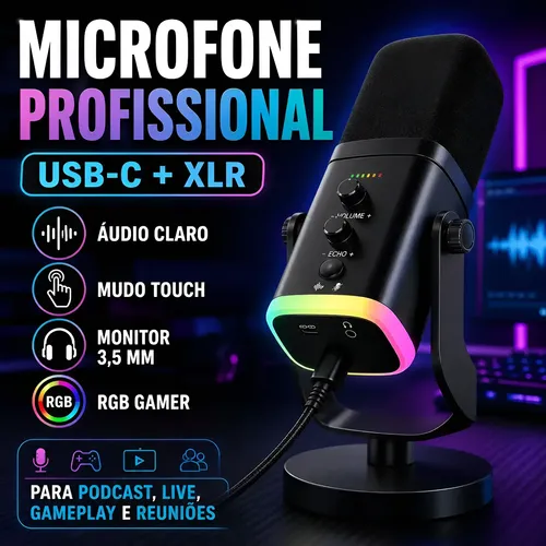 Microfone Gamer Dinâmico Usb-c Xlr Rgb Para Podcast E Live
