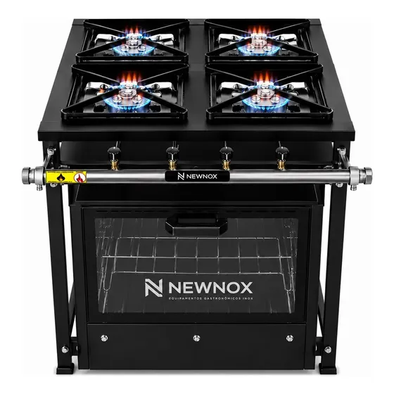 Fogao Industrial 4 Bocas Alta Pressao + Forno 60l Com Visor Preto A Gás