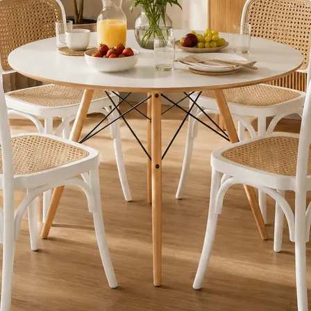 Conjunto Mesa Jantar 90cm 4 Cadeiras Amis Rattan Seat&co Branco E Bege Telinha