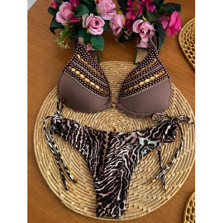 Biquíni Animal Print Oncinha Com Bojo E Pedraria Luxo Marrom Avelã Parte De Cima Liso, Calcinha Animal Print G E Gg