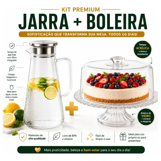 Kit Boleira De Vidro Com Tampa Acrilica + Jarra Vidro