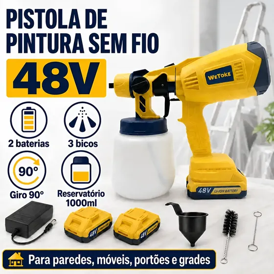 Pistola De Pintura Sem Fio 48v Com 2 Baterias Acessórios