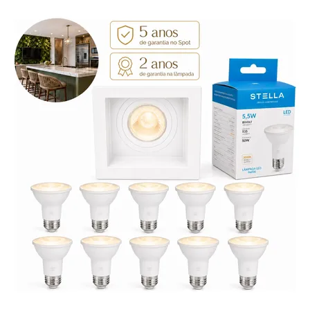 Kit 10 Spot Embutir Par 20 Recuado Quadrado E27 Stella 3000k 127/220v Spot Branco Luz 3000k - Branco Quente