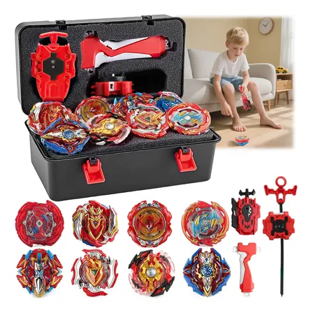 Kit Beyblade Com 8 Piões De Batalha, 2 Lançadores E Grip Vermelho