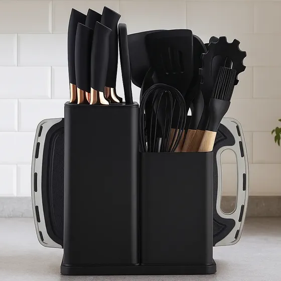 Kit Utensílios De Cozinha Em Silicone Com Cabo De Madeira