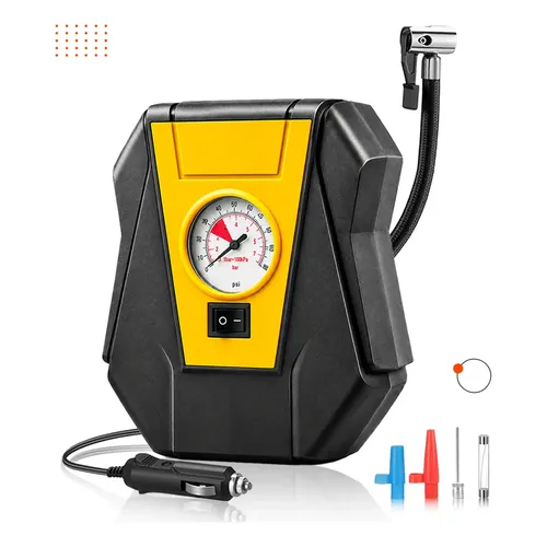 Compressor De Ar 12v Portátil Com Calibrador Analógico Para Carro, Moto E Bicicleta - Inflador De Pneus Elétrico E Bomba... 12v Ocre