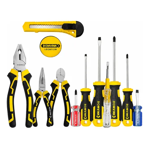 Kit Jogo Alicate + Conjunto Chave Fenda E Testador Voltagem Amarelo E Preto