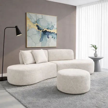 Sofá 300cm Virgínia Grande Moderno Sala Confortável Com Puff Boucle Bege