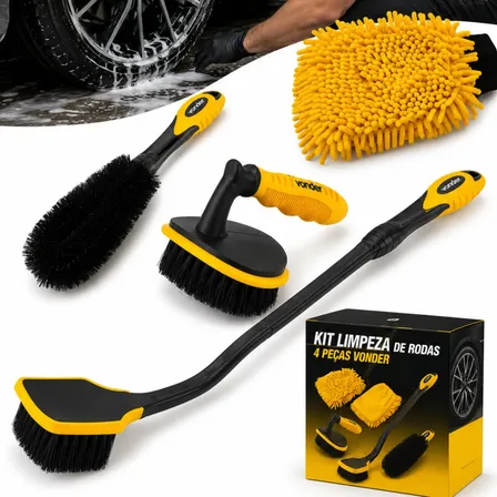 Escovas Roda + Luva Microfibra Limpeza Carro Combo 4 Peças
