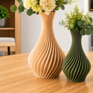 Kit 2 Vasos Espiral Decoração Moderna Sala, Rack, Mesa Bege E Verde Espiral