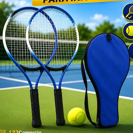 Kit 2 Raquetes Tenis Quadra Iniciante Infantil Adulto Bola Azul