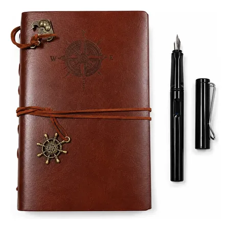 Kit Caderno De Anotação Vintage De Couro Com Caneta Tinteiro Marrom