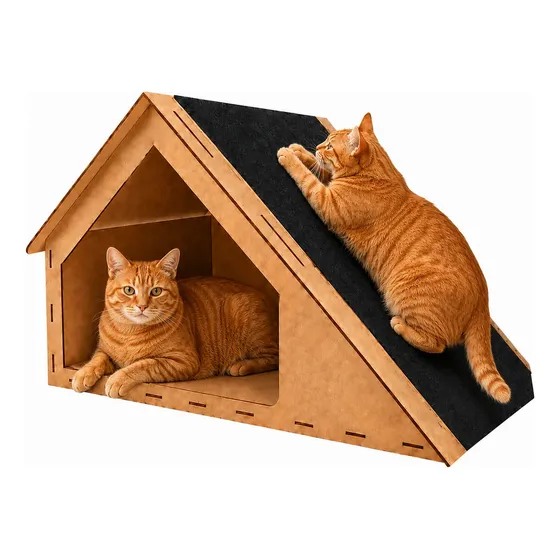 Casinha Gato Toca Arranhador Madeira Mdf Carpete 30x47x36cm