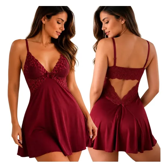 Camisola Sexy Renda Roupa De Dormir Costa Nua Pijama Sensual