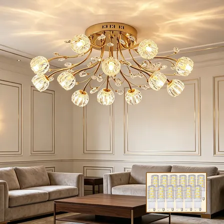 Lustre Cristal 12 Braços Luminária Luxo Flores Sala Dourado 127/220v 12 Braços