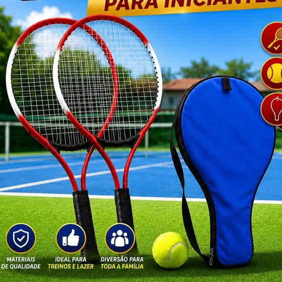 Kit 2 Raquetes Tenis Quadra Iniciante Infantil Adulto Bola