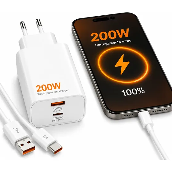 Carregador Turbo 200w Usb-c Carga Rápida Compatível Xiaomi