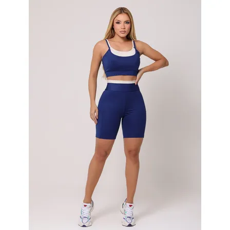 Kit Treino Feminino Shorts Compressão E Top Confortável Azul-marinho G