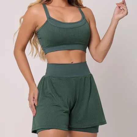 Conjunto Fitness Feminino Short Duplo E Top Para Corrida Verde Militar M