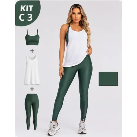 Conjunto Fitness Top Legging E Regatão Feminino Academia Verde Militar Gg