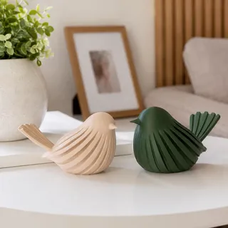 Par De Passarinhos Decorativos Modernos Enfeite Para Sala Bege E Verde