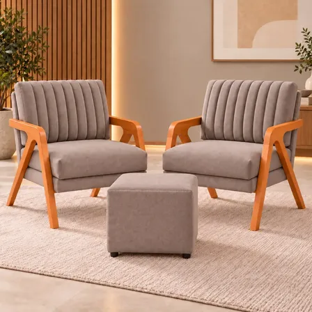Kit 2 Poltronas Decorativas Madeira Eucalipto Sala Luxo Marrom Liso